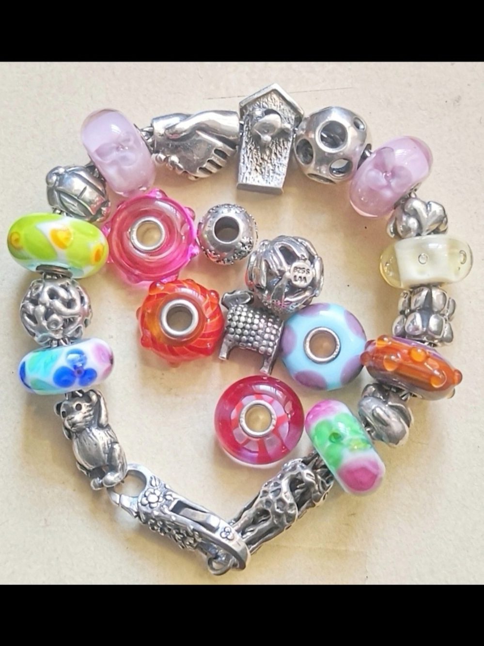 TWO TROLLBEADS BRACELET 7.5 & 27 SILVER & GLASS MURANOS EXCELLENT CONDITION